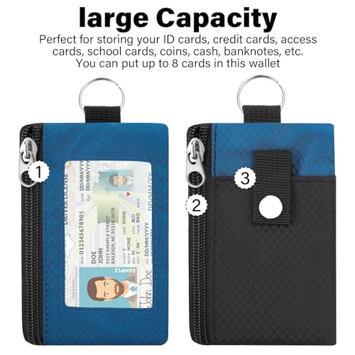 Image of Minimalist RFID Wallet with Lanyard, Multi-Functional ID Case with 2 Zipper Pockets and Key Chain for Men and Women, Tactical Badge Pouch Cards Holder, Coin Purse for Travel Sports-Black+Blue