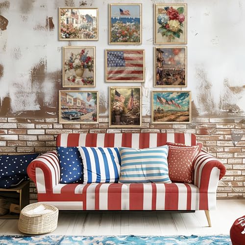 Image of Whaline 9 Pcs Patriotic Wall Art Prints Paper Posters American Flag Floral Oil Painting Pictures for 250th Anniversary 4th of July Independence Day Home Office Gallery Party Decor, Unframed
