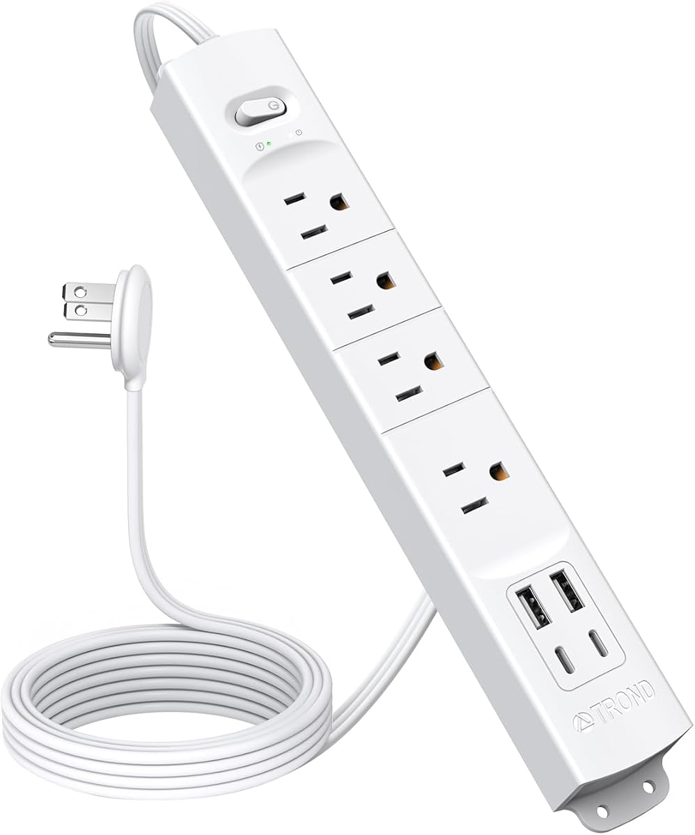 TROND Power Bar Surge Protector with 2 USB C, ETL Listed, Ultra-Thin Flat Plug Extension Cord, 4 Multi Outlets, 5ft Slim Desk Strip, 1440 J, Wall Mount, University Dorm Room Essentials, White