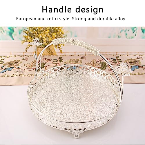 Huairdum Obstschale, Obsttablett aus Massiver Legierung, Retro-Stil, Weit Verbreitetes Griffdesign für Kaffeebar (Silberfarbene mittlere Größe)