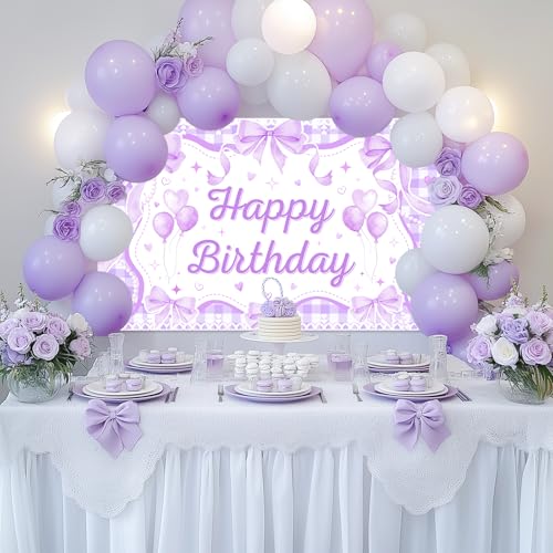 Mocsicka Purple Bow Coquette Birthday Decorations Happy Birthday Backdrop Bow Girls Bachelorette Party Decorations Photo Booth Props (Purple, 6x3.6ft) by Mocsicka - Image 2