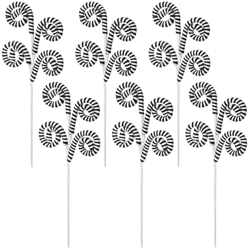 Gejoy 6 Pcs Christmas Tree Picks Decoration Woolen Candy Curly Pick Xmas Toppers Branches with Bells for Party Supply DIY Home Crafts Hanging Ornament Gifts(Stripes,Black and White)
