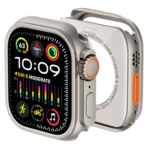 amBand 3 in 1 Metal Case Compatible with Apple Watch Series 9/8/7 45mm W1 Rugged Bumper Protector [Turning into Ultra 3/2/1 Upgrade] with Watch Crown + Back Cover Natural Titanium