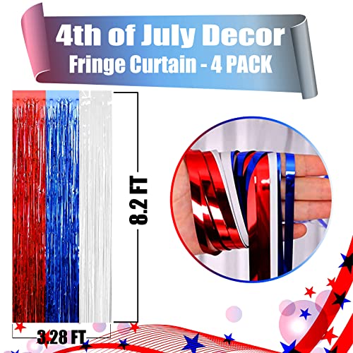 Image of 4 Pack Red Blue White Foil Fringe Curtain Backdrop, 3.28Ft x 8.2Ft Metallic Tinsel Foil Fringe Streamers Curtains for Photo Booth, Wedding, Mardi Gras, Birthday, Independence Day Party Decoration