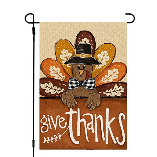 CROWNED BEAUTY Fall Thanksgiving Garden Flag 12x18 Inch Double Sided for Outside Burlap Give Thanks Turkey Seasonal Autumn Yard Decoration CF1019-12