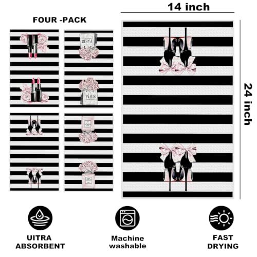 Image of 4 Pcs Black White Fashion Hand Towels, Perfume Bow Reusable Dish Towels | Fashion Gifts for Women Mom Girls Friend, Waffle Weave Microfiber Towels for Bathroom Home Decor 24x14 Inch
