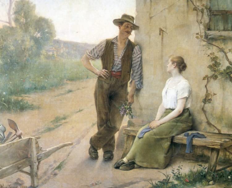 Toile peinture murale Couple de paysans basse-cour Henri Adriene Tanoux salon 60x90cm