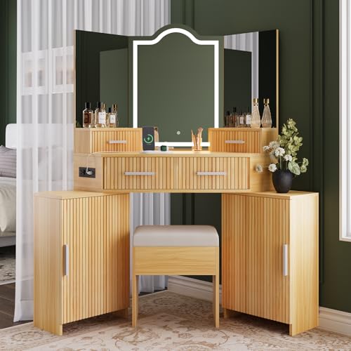 Image of FURSUN Fluted Makeup Vanity Desk with HD 3 Way Mirror and Lights, 51 inch Large Corner Vanity Table with Charging Station, Dressing Table with 4 Drawers & 2 Storage Cabinets for Bedroom, Natural Oak