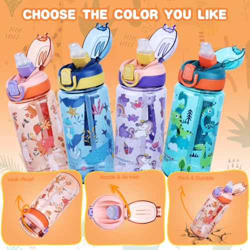 flintronic 600ml Trinkflasche Kinder, Kindertrinkflasche mit Strohhalm, BPA-freie Kinder-Wasserflaschen, Sportwasserflasche mit Auslaufsicherem Flip-Top-Deckel für Mädchen und Jungen, Blau