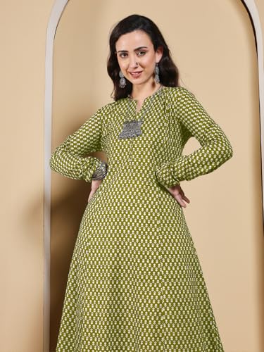 Image of FIORRA Women's Turquoise Floral Printed Anarkali Kurta