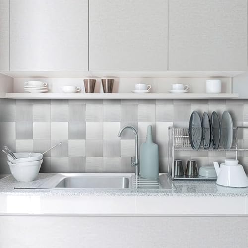 Homeymosaic Peel And Stick Backsplash For Kitchen Tile Stainless Steel Brushed Stick On Bathroom Countertop Fireplace Square Plaid Metal Mosaic(5 Sheets,Silver) #TOP1