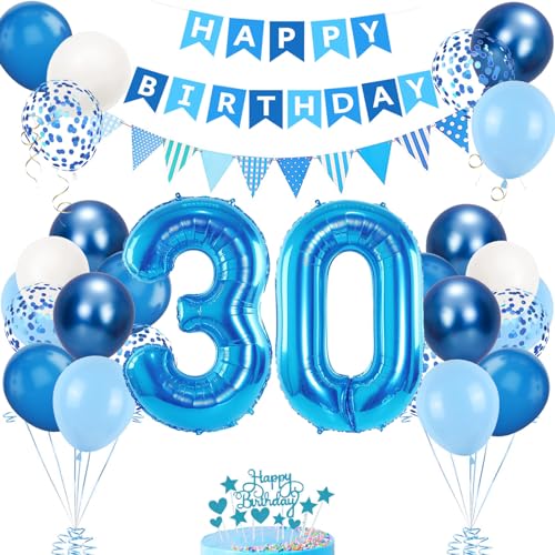 Decoração de Aniversário 30 Anos Azul para Homem e Mulher, Balões e Acessórios para Festa