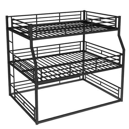 Image of Full Over Queen Over Queen Bunk Bed with Safety Guardrails, Modern Metal Triple Bed Frame for Kids, No Box Spring Required, Black