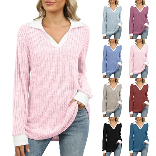 2025 Nueva camiseta de manga larga para mujer Oversize, camiseta de mujer elegante y elegante, blusa de solapa raya superior media larga top invierno ropa casual camiseta color montar camiseta, malva