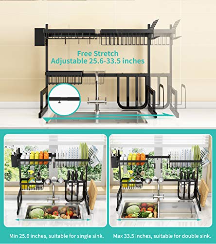 Over The Sink Dish Drying Rack Adjustable (25.6"-33.5"), 2 Tier Stainless Steel Dish Rack Drainer, Large Dish Rack Over Sink For Kitchen Counter Organizer Storage Space Saver With 10 Utility Hooks #TOP2