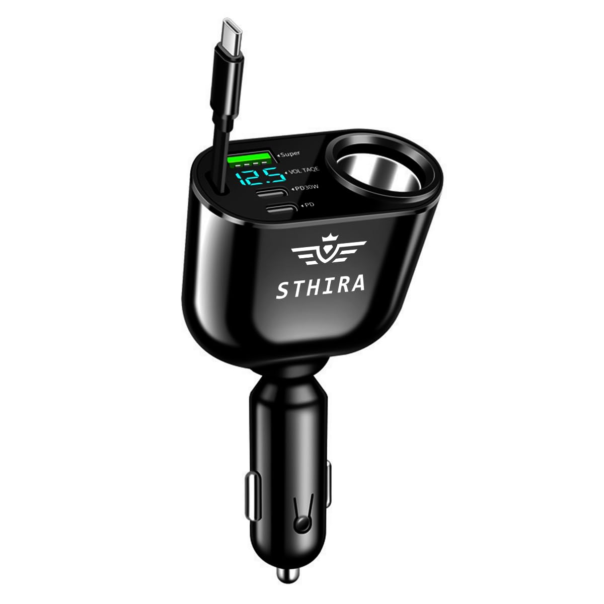 STHIRA® 5 in 1 Car Cigarette Lighter Splitter with Retractable USB C Charging Cable, LCD Real Time Voltage Display, Dual PD 30W Type C Ports, USB A Port Universal 12V/24V Car Cigarette Lighter Charger-image-49