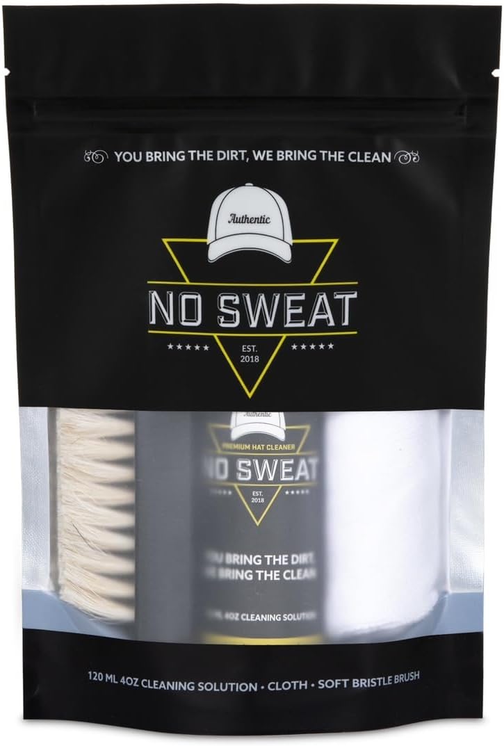 No Sweat Premium Hat Cleaner. Includes 4 OZ of Cleaning Solution, Microfiber Cloth, & SOFT Bristle Brush. Works great on all of your favorite hats