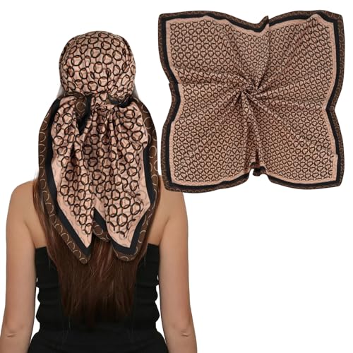 EXTREE Women's 35 inch Fashion Headscarf Silk Satin Scarf for Hair Wrapping at Night Bandana Square Scarf for Sleeping Brown Circle