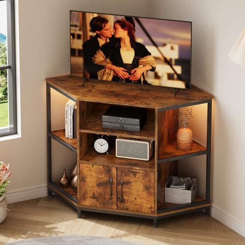 Dripex Vintage Design TV Corner Cabinet with LED Lighting Corner TV Unit Stand Table with 2 Doors and Shelves Entertainment Center Media Console for Living Room 105 x 50 x 79 cm