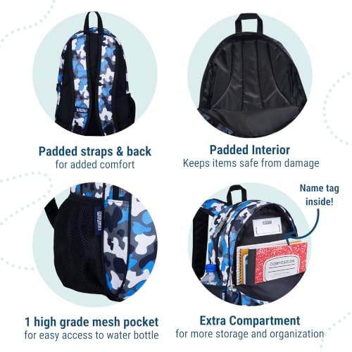 Image of Wildkin 15 Inch Backpack for Kids, Blue Camo | Ages 5-10, padded straps, side water bottle pocket - coordinates with matching Wildkin lunch boxes