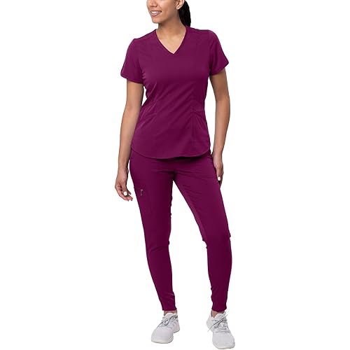 Adar Pro Modern Athletic Scrub Set For Women - Modern V-Neck Scrub Top & Yoga Jogger Scrub Pants