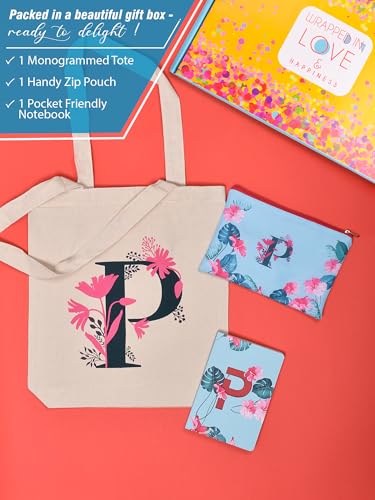 Image of DOODLE Monogram P Diary Gift Set with Tote Bag and Pouch | B6 Soft Bound Ruled Notebook | Stationery Gift Set for Women