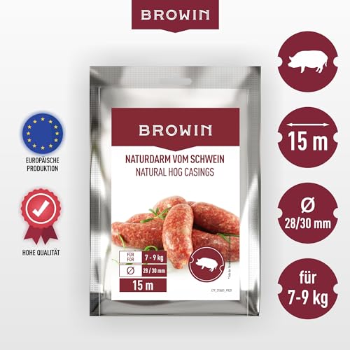BROWIN® Naturdarm für Wurst | Premium Naturdarm für hausgemachte Würstchen, Wacholderwurst, Weißwurst, Bratwurst (Kaliber 28/30 mm, 15 m, Schweinedarm)