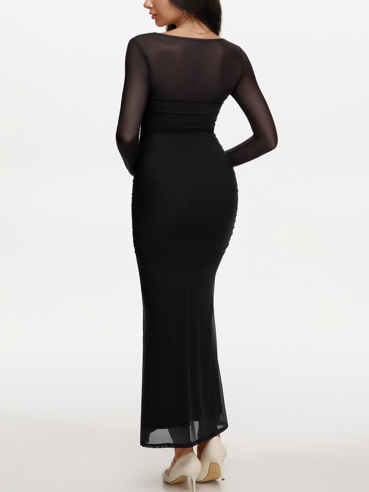 REORIA Long Sleeve Wedding Guest Maxi Dresses for Women Sheer Mesh Square Neck Ruched Bodycon Long Dress 2025 Fall Outfits