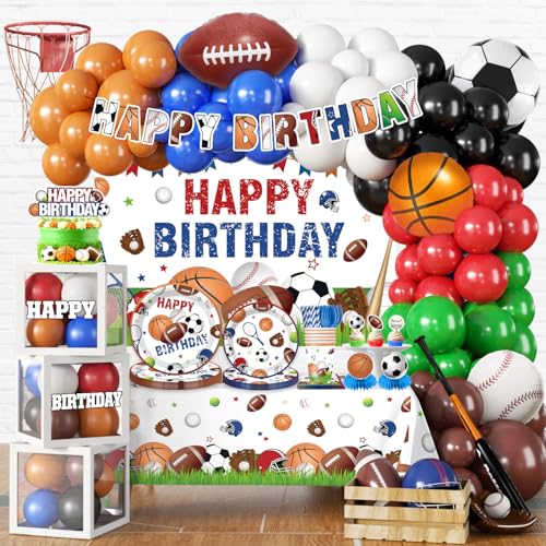 Cocomigo 294pcs Sports Birthday Party Decorations for 25 Guests Worry-free One-stop Set with Banner Thick Plates and Cupcake Toppers Easy Setup for Sports Birthday Party