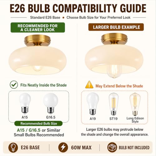 Image of Small Semi Flush Mount Ceiling Light Fixture, 11'' Vintage Mid-Century Gold with White Milk Glass Shade, Modern Farmhouse Lighting for Kitchen, Hallway, Bedroom, Foyer, Schoolhouse