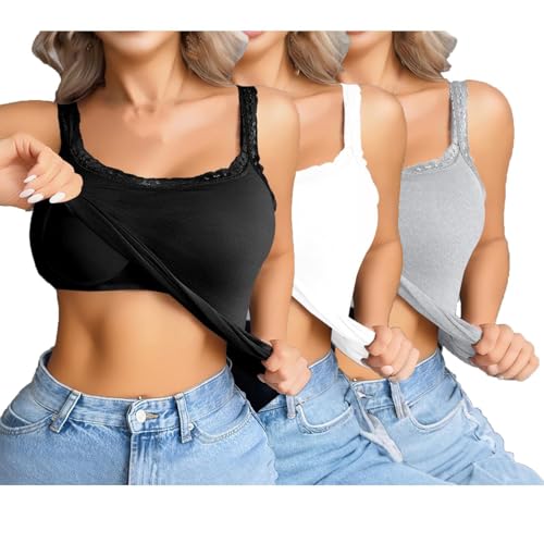 Image of 3 Pack Vest Top with Built in Bra UK, Lace Trim Sleeveless Camisole, Lightweight Sleeveless Stretch Comfort Cami Tops for Summer Daily Wear, Workouts and Casual Layering