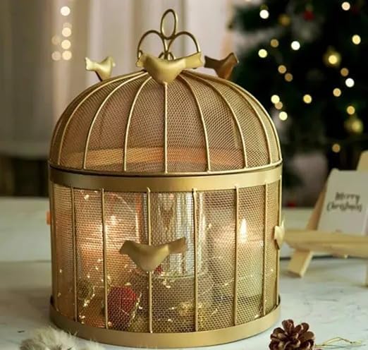 Fruit Bulbul Round Basket With Mesh And Lid Countertop Ideal For Storing Fruits Vegetables Best For Dining Table Daily Use, Gold, Premium Golden Birdcage Fruit Basket | Decorative Fruit Basket