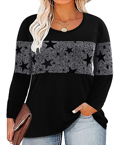 Image of CARCOS Plus Size Tops for Women Color Block Flower /Striped /Camo Crew Neck Long Sleeve Tee Shirt