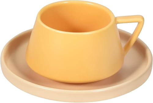Koythin Taza de café de cerámica con platillo, lindo y creativo con mango en forma de V para oficina y hogar, apto para lavavajillas y microondas,