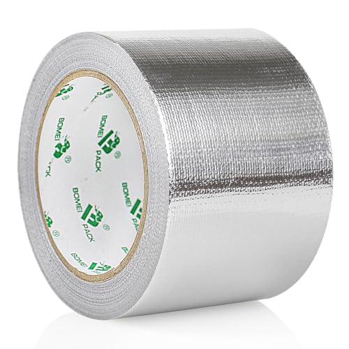 BOMEI PACK 1 Roll Reinforced Aluminum Foil Tape 3 Inch Glassfiber Aluminum Tape 75mm x 20m Heat Shield High Temperature Foil Tape for HVAC Ducts Sealing Fixing Repairing Jointing