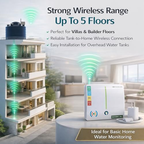 Image of Wireless Water Tank Overflow Alarm Swarn Jal, 4 Levels Water Level Indicator with Overflow & Empty Alarm, Long Range up to 5 Floors or 1 km, Brass Sensors, No WiFi or SIM Required, 1 Year Warranty