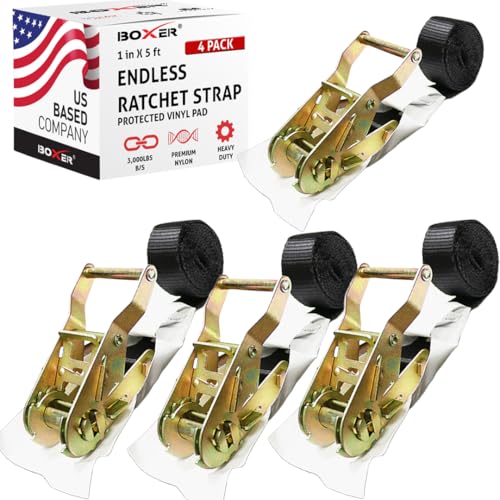 Boxer Endless Ratchet Tie Down Straps With Protected Vinyl Pad - Nylon Black Strap Heavy Duty - 3,000lbs Breaking Strength – 1 Inch x 5 Feet Tie Down, Motorcycles, Trailer Loads, Kayak, Moving, 4 Pack