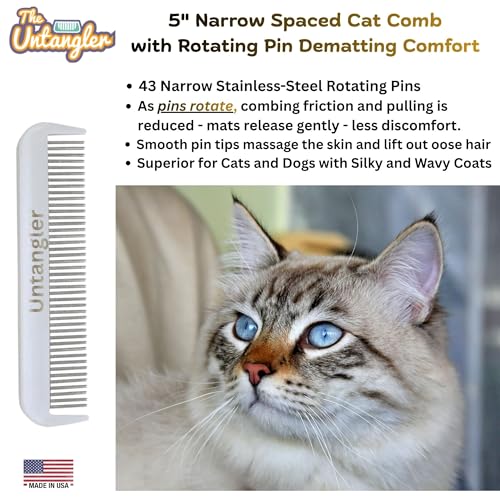 Image of Cat Comb with Silky Smooth Rotating Teeth - Clears Mats Gently (5 inch Ultra Fine Teeth; 7 inch Dual Teeth) (White, 5 inch)