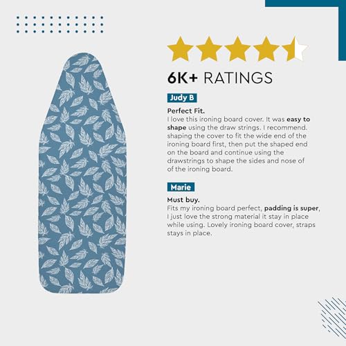 Image of Encasa XO Ironing Board Cover with 3mm Thick Felt Pad for Steam Press (Fits Standard Large Boards of 125x39 cm) Heat Reflective, Scorch & Stain Resistant, Printed - Big Leaves Blue