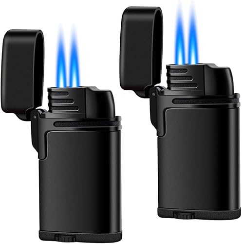 Butane Jet Torch Lighter 2 Pack, Dual Flame Lighter, Refillable Butane Lighter, Windproof Lighter, Pocket Lighter, Gifts for Him Men（Without Butane）(2 Pack Black)