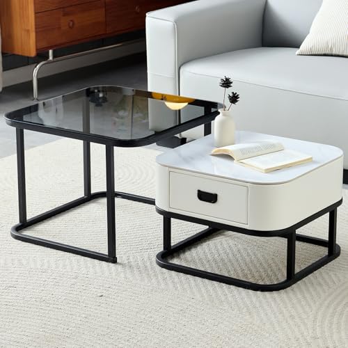 SHARPDO Tables Basses gigognes, Pierre Sinterisée & Verre trempé, Tiroir Simili Cuir Blanc, Lot de 2, 60/50 cm, Design Moderne pour Salon, Carrée (carrée)
