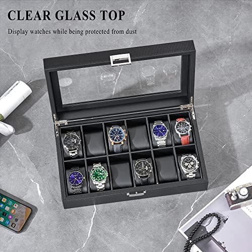 Bewishome Watch Box Organizer 12 Watch Case For Men Luxury Watch Display Case With Large Glass Window, Carbon Fiber Design, Black Ssh08C #TOP1