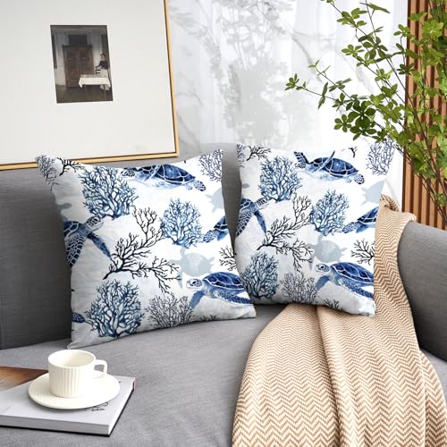 weesire Nautical Coastal Throw Pillow Covers Set of 2 Beach Themed Ocean Coral Sea Turtle Decorative Pillow Cases Outdoor Sofa Cushion Cover for Bedroom Living Room, 18x18, Blue by weesire - Used condition - Image 3