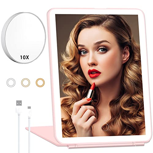 Travel Makeup Mirror With 10X Magnifying Mirror, Vanity Mirror With 80 Led Lights, 3 Colors Light Portable Beauty Mirror, Rechargeable Folding Tabletop Cosmetic Mirror With Touch Screen Dimming(Pink) #TOP11
