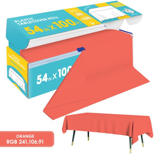Image of Niuara Orange Plastic Table Cover Roll - 54IN x 100FT, Table Cloth for Rectangle Table with Slide Cutter, Plastic Table Cloth Disposable with Cut-to-Size Design for Weddings, Banquets, Parties