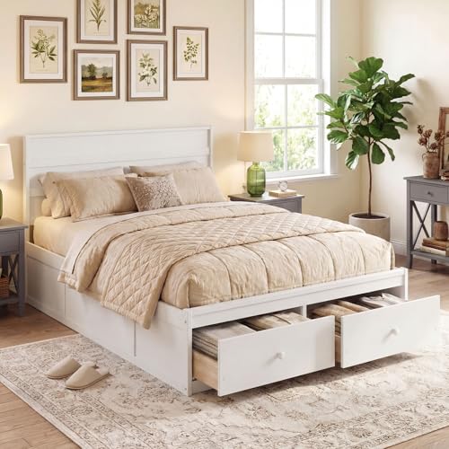 Giantex Full Size Bed Frame with Storage Drawers Wood Platform Bed with Headboard Solid Mattress Foundation w/Wooden Slat Support & Enclosed Base No Box Spring Needed (White Full)