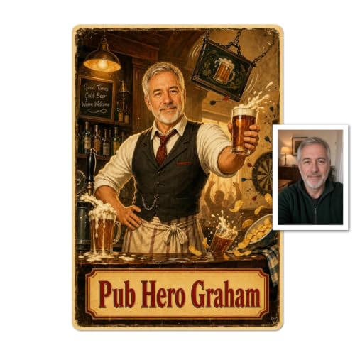Image of Personalised Pub Landlord Metal Plaque From Photo With Custom Text, Vintage Pub Poster Home Bar Sign Birthday Gift For Him Dad