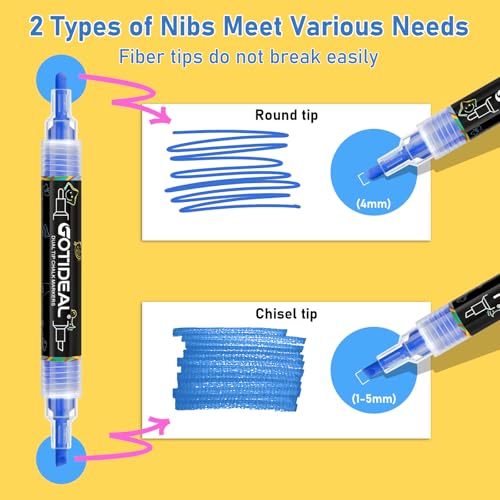 Image of GOTIDEAL Chalk Markers Dual Tips,Erasable Liquid Chalk Marker for Blackboard,Washable Chalk Pens for Auto,Car,Glass,Mirror,Chalkboard,Window markers,24 Colors Chalk Board Markers with Metallic Colors