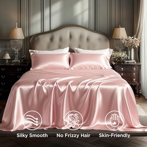 Image of Bedsure Pink Satin Sheets King Size, Soft Silky Bedsheets for Hair & Skin | Similar to Silk Bed Sheets Set 4 Piece with 15 Inches Deep Pocket Fitted Sheet,1 Flat Sheet, 2 Satin Pillowcases