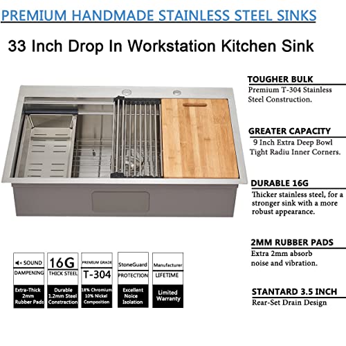 Shaco 33X22 Inch Drop In Kitchen Sink, 33 Inch Stainless Steel Top Mount Kitchen Sink, Single Bowl Overmount Double Ledges Workstation Sink With Accessories, Brushed Nickel #TOP1